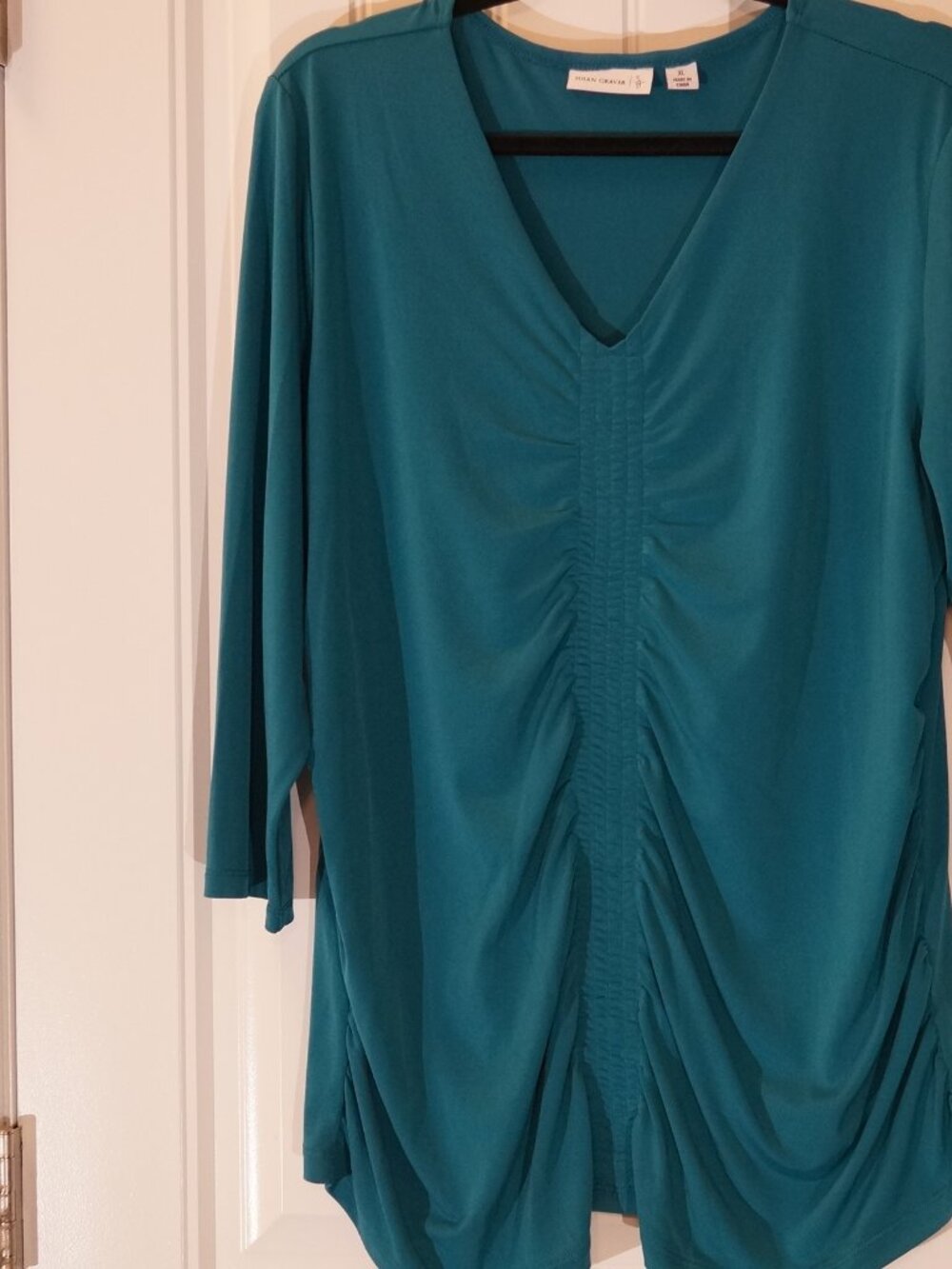 Susan Graver Teal Liquid Knit 3/4 Sleeve top with front ruching Size XL